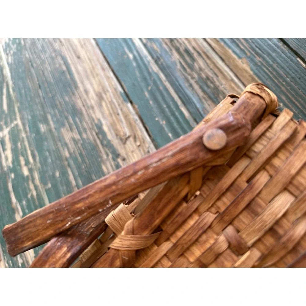 Hand Woven Splint Wood Basket Rectangular Picnic Garden Dual Swing Handle Vtg